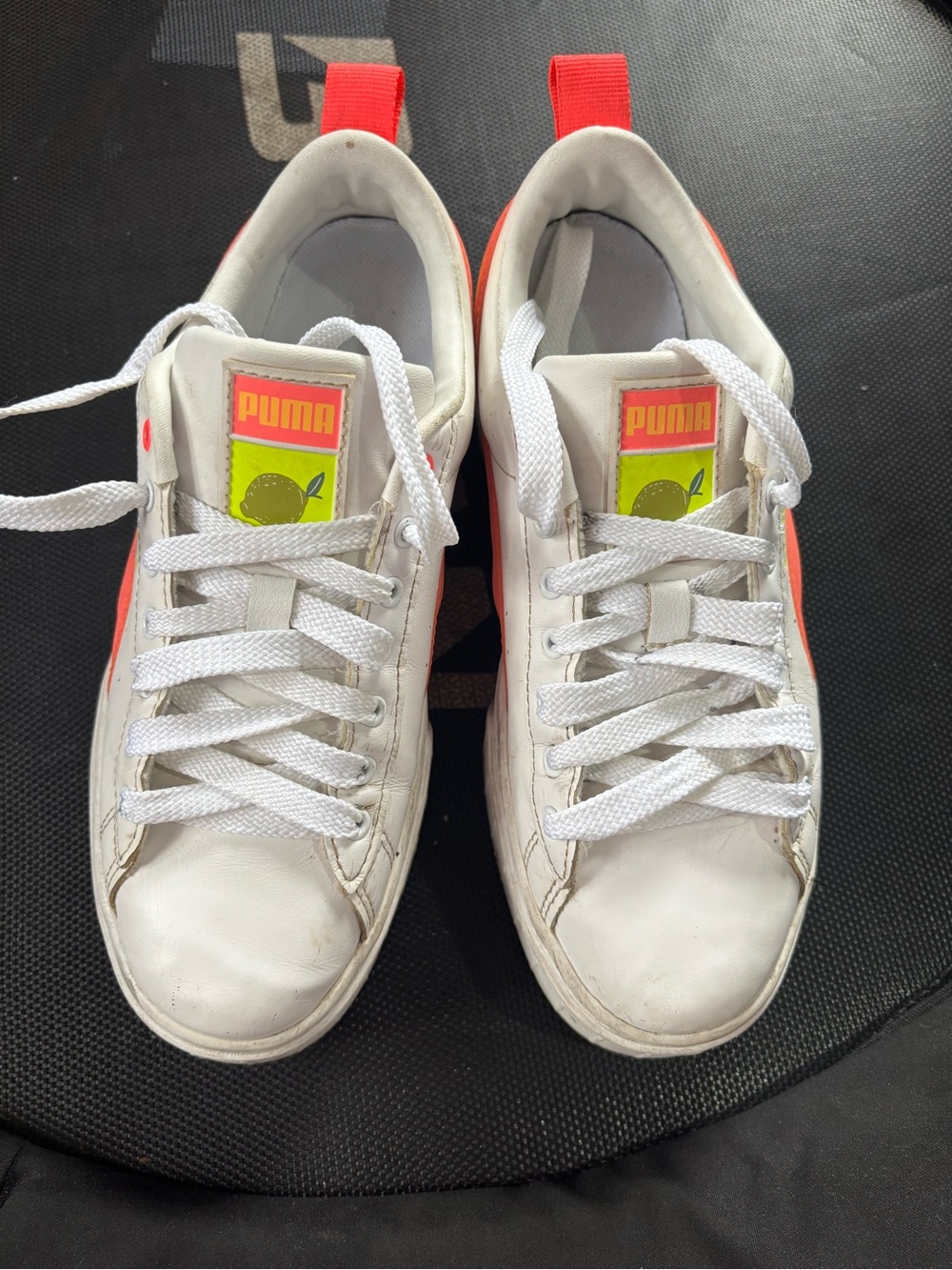 Puma Kids White Sneakers with Neon Orange Pull Tabs